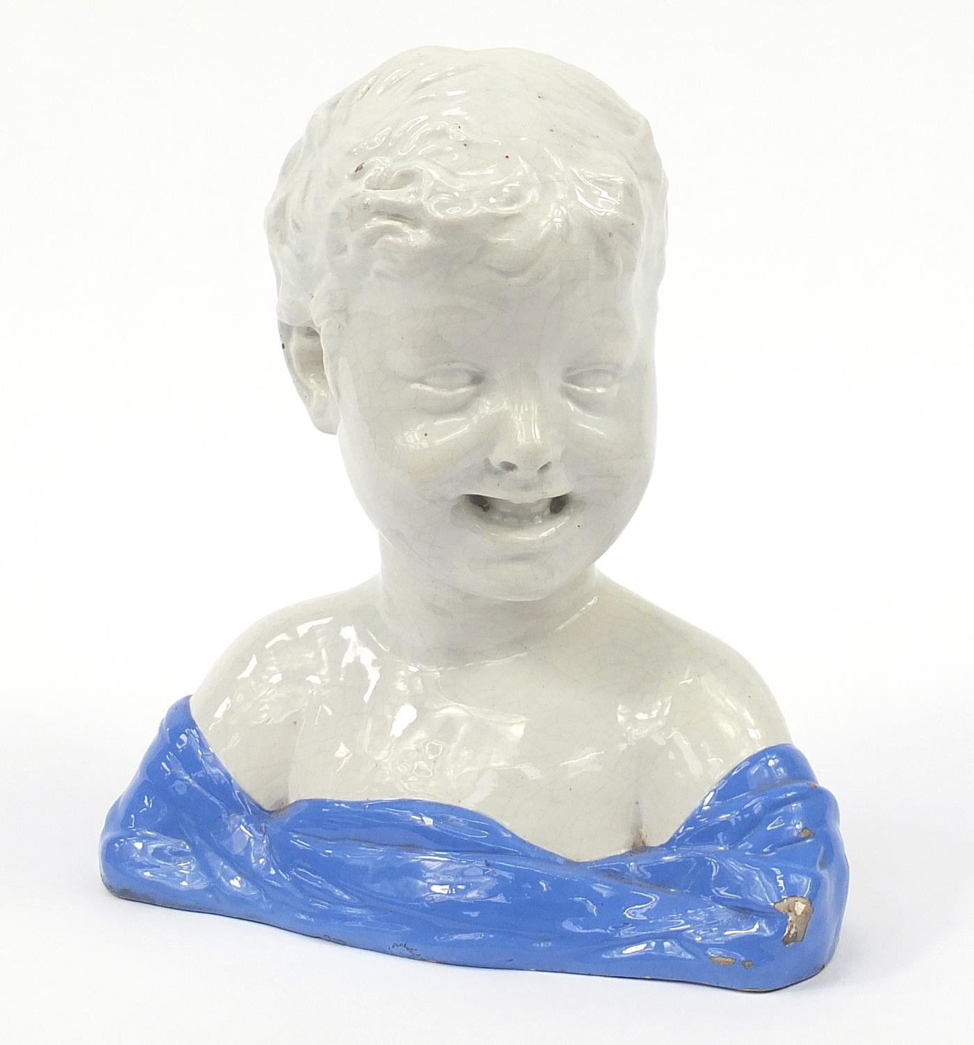 Italian pottery bust of a child, 31cm high :For Further Condition Reports Please Visit Our