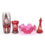 19th century and later glassware including two Bohemian ruby flashed vases and a cranberry glass