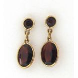 Pair of 9ct gold garnet drop earrings, 1.5cm high, 0.7g :For Further Condition Reports Please