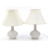 Pair of parian porcelain floral table lamps with silk lined shades, each 50cm high :For Further