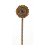 Victorian 15ct gold sapphire stick pin housed in a velvet and silk lined fitted box, 6cm in