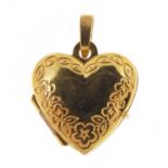 9ct gold love heart locket with engraved decoration, 2cm high, 1.7g :For Further Condition Reports