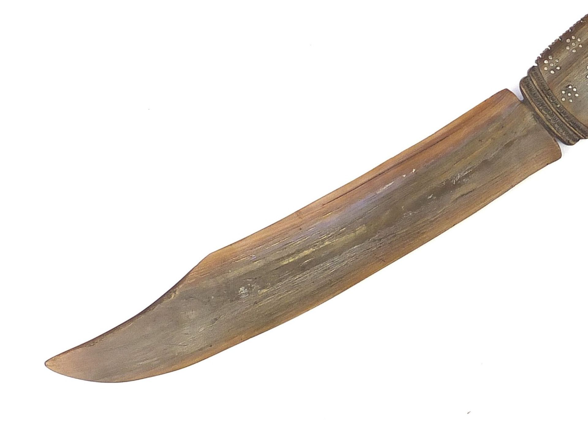 Carved horn letter opener with dragon head handle and metal inlay, possibly rhinoceros, 38.5cm in - Image 3 of 6