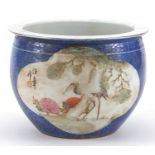 Chinese powder blue ground porcelain jardinière hand painted in the famille rose palette with