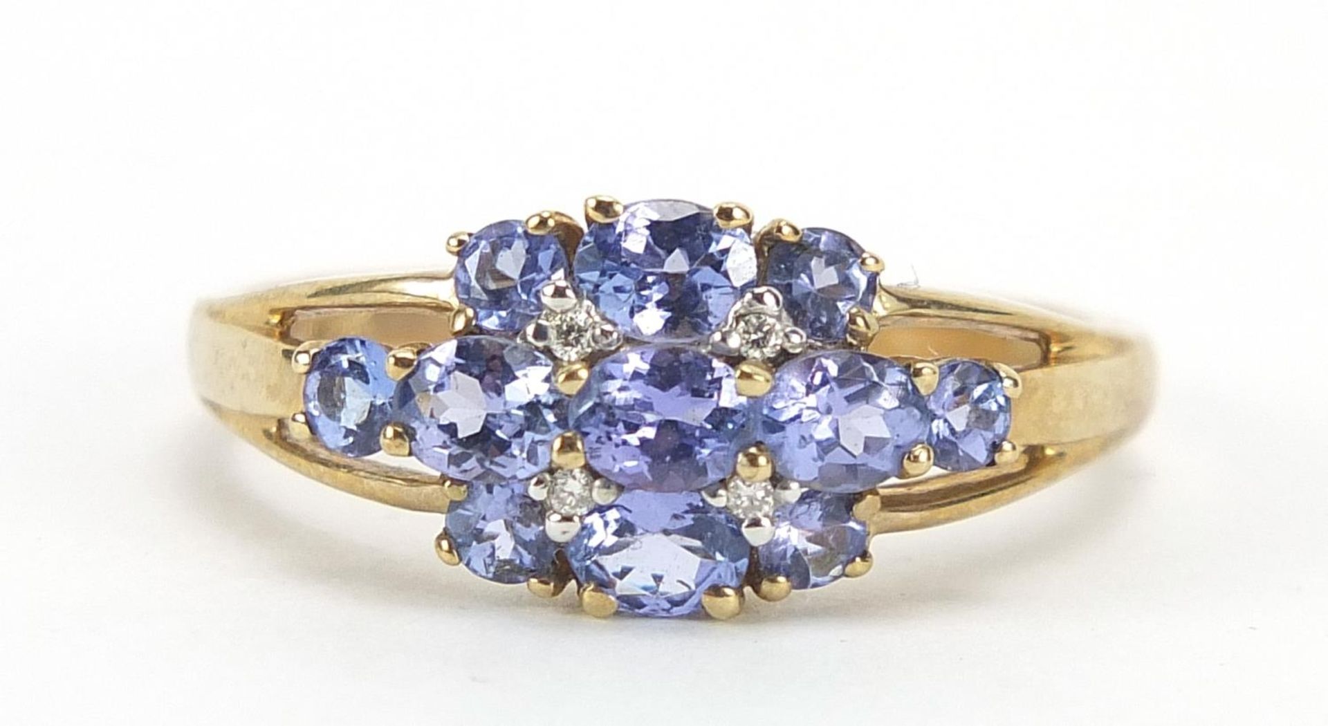 9ct gold iolite and diamond cluster ring, size R, 2.7g :For Further Condition Reports Please Visit