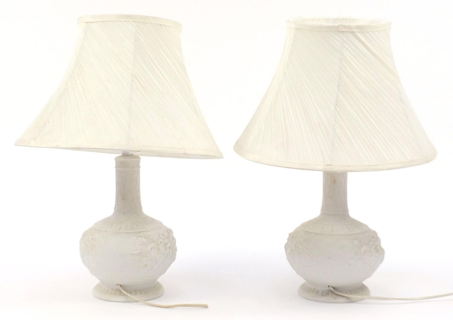 Pair of parian porcelain floral table lamps with silk lined shades, each 50cm high :For Further - Image 2 of 2