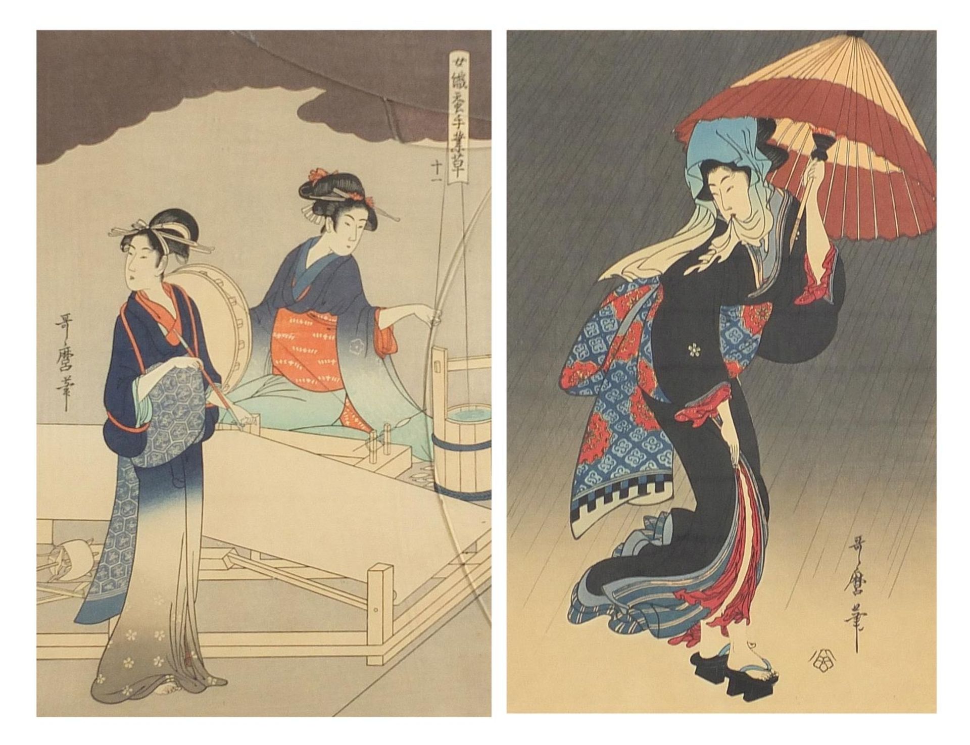 Geisha girls, pair of Japanese wood block prints with character marks, framed and glazed, each 39.