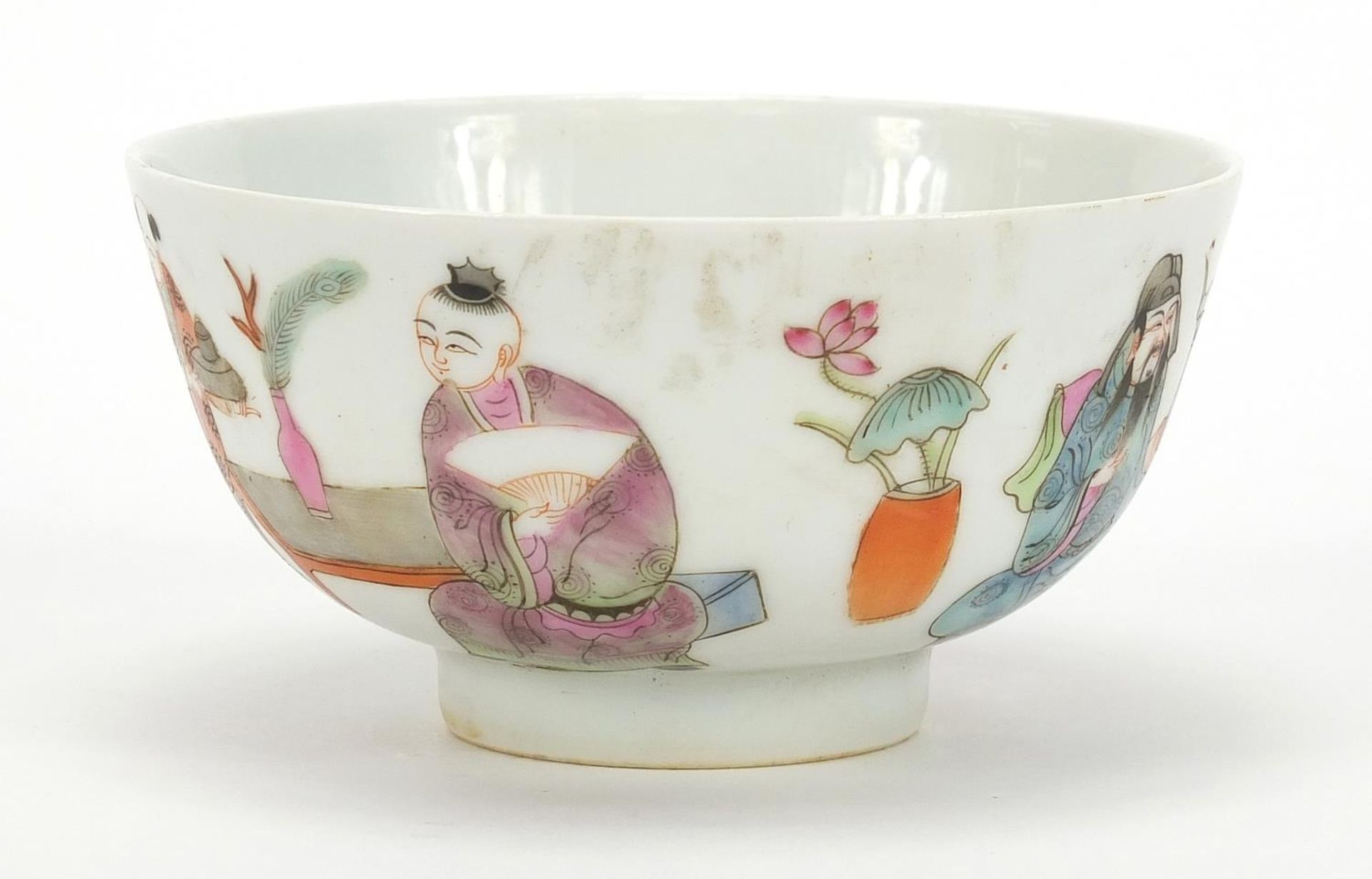 Chinese porcelain bowl hand painted in the famille rose palette with figures in a palace setting, - Image 2 of 8