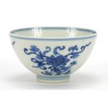 Chinese blue and white porcelain bowl hand painted with flowers, six figure character marks to the