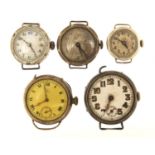 Five vintage silver wristwatches including a military interest Omega trench watch, the largest