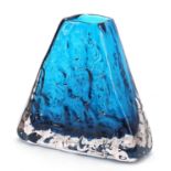 Geoffrey Baxter for Whitefriars, triangular glass vase in kingfisher blue, 17cm high :For Further