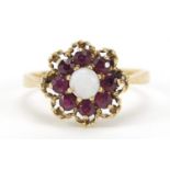 9ct gold opal and ruby flower head ring, size P, 2.5g :For Further Condition Reports Please Visit