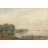 River landscape with cows, watercolour, bearing an indistinct signature, possible J Kinn...?,