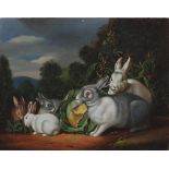 Rabbits before a landscape, Old Master style oil on board, unframed, 26cm x 20.5cm :For Further
