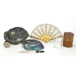 Objects including a German compass, silver mounted abalone dish and Art Nouveau pewter dish with