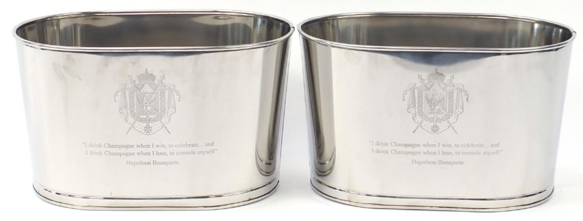 Large pair of Champagne ice buckets with Napoleon Bonaparte and Lily Bollinger mottos, 26cm H x 43cm