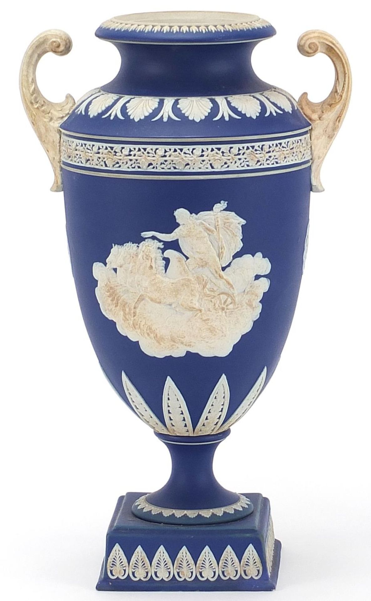 Large Adam's Jasperware vase with twin handles decorated in relief with a figure in a horse drawn - Image 2 of 6