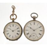 Two ladies silver open face pocket watches with enamel dials, one with fitted case, 38mm and 41mm in