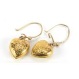 Pair of Victorian design 9ct gold love heart drop earrings, overall 2.7cm high, 1.2g :For Further