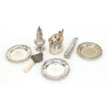 Victorian and later silver objects including a cheroot case with engraved decoration, set of three