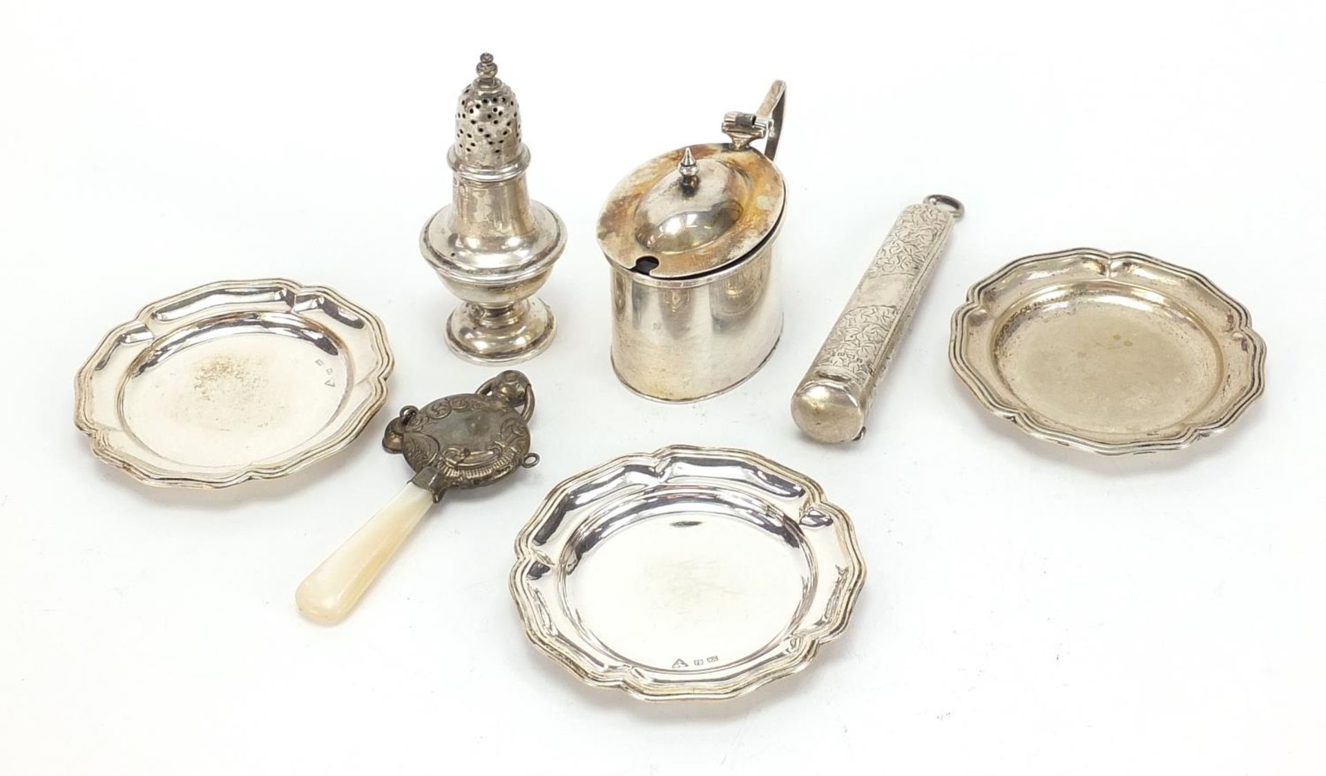 Victorian and later silver objects including a cheroot case with engraved decoration, set of three