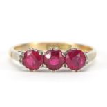 18ct gold and platinum ruby three stone ring, size L, 2.1g :For Further Condition Reports Please