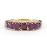 Antique unmarked gold ruby seven stone ring, size M, 2.0g :For Further Condition Reports Please