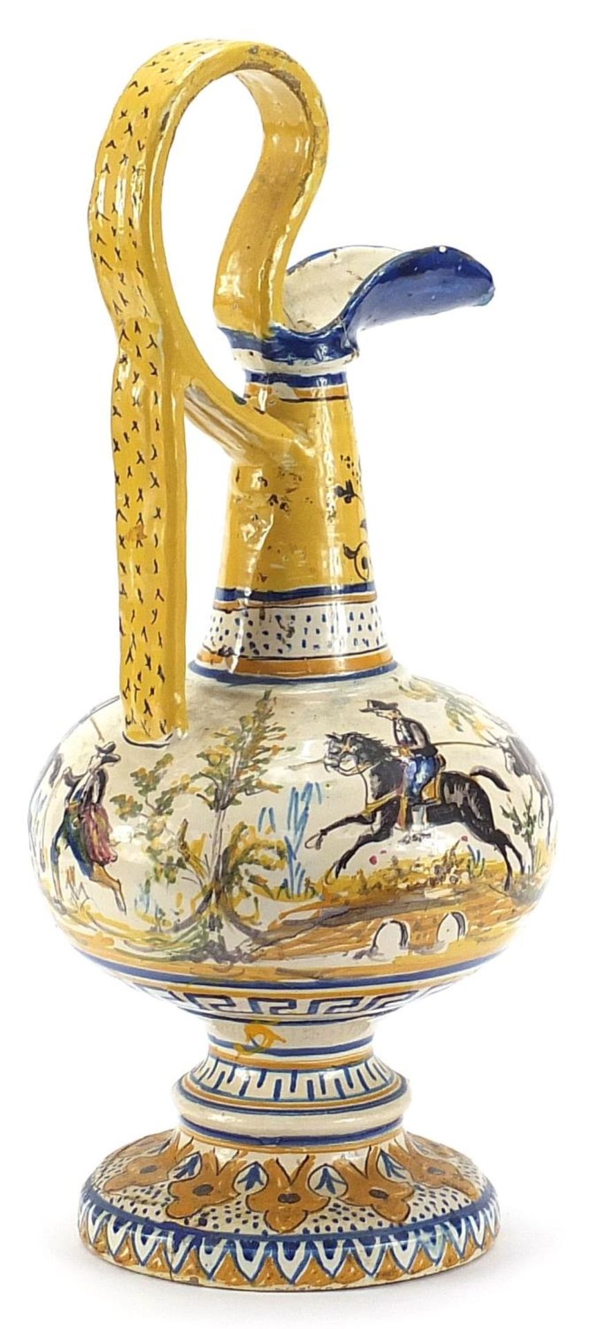 Antique Italian Maiolica pottery ewer hand painted with huntsmen on horseback, 46cm high :For - Bild 2 aus 4