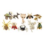 Nine jewelled and enamel animal and insect brooches including koala, crab, spider and bees, the