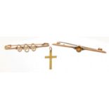 9ct gold citrine and pearl bar brooch, 9ct gold cross pendant and a gold coloured wire brooch, the