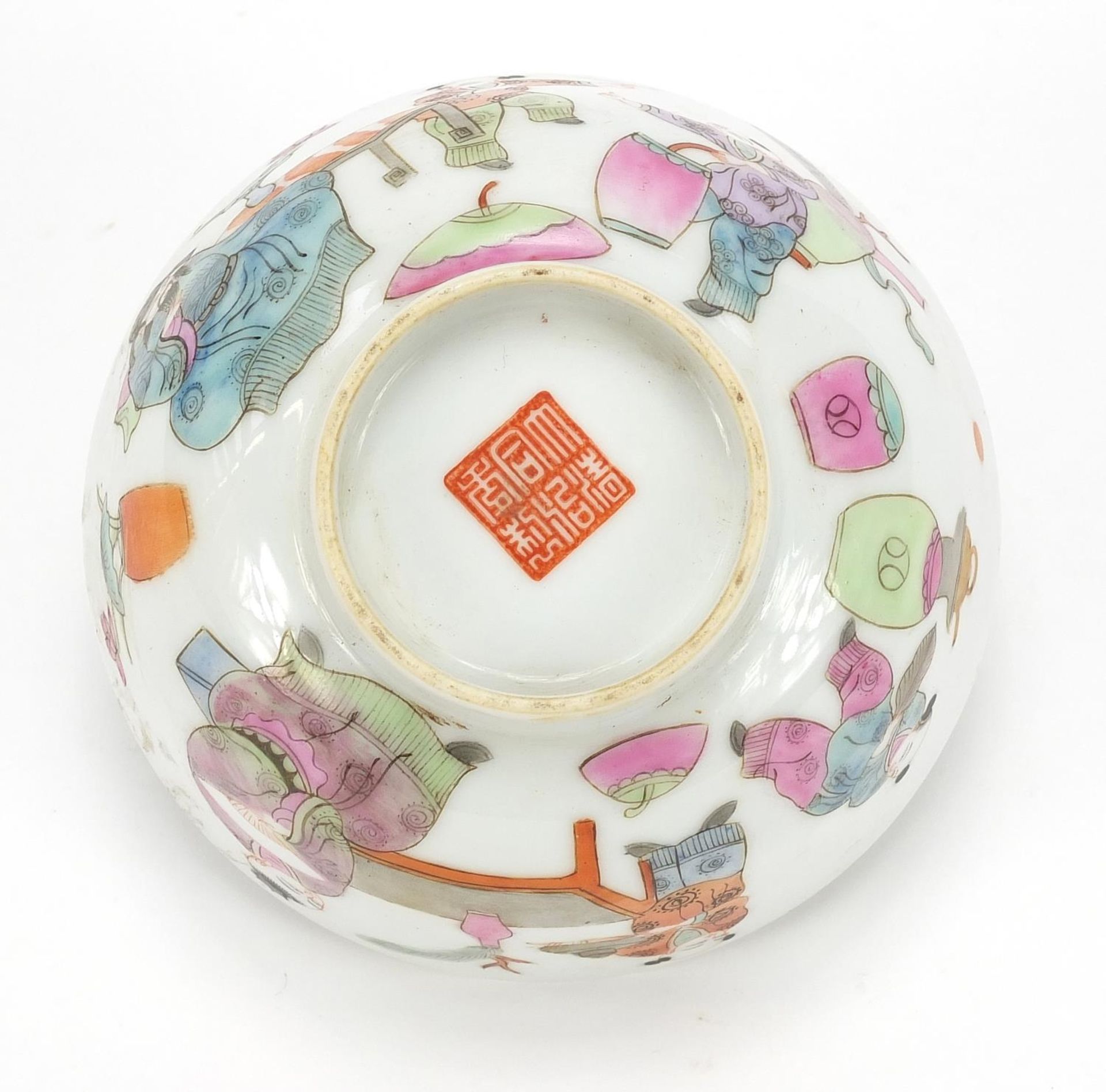 Chinese porcelain bowl hand painted in the famille rose palette with figures in a palace setting, - Image 6 of 8