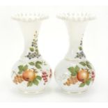Pair of 19th century white opaline glass vases hand painted with fruit and berries, each 25cm