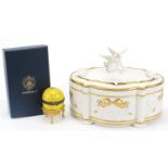 Limoges Fabergé egg clock with box and a Franklin Mint Fabergé Snow Dove jewellery box, the