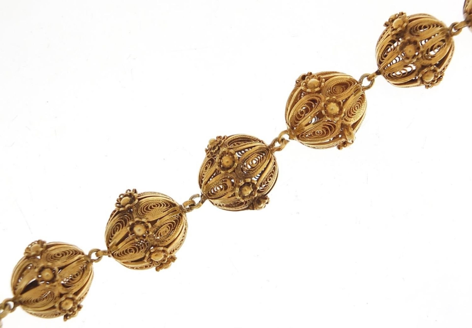 Unmarked gilt metal filigree ball bracelet, 20cm in length, 31.2g :For Further Condition Reports - Image 2 of 4
