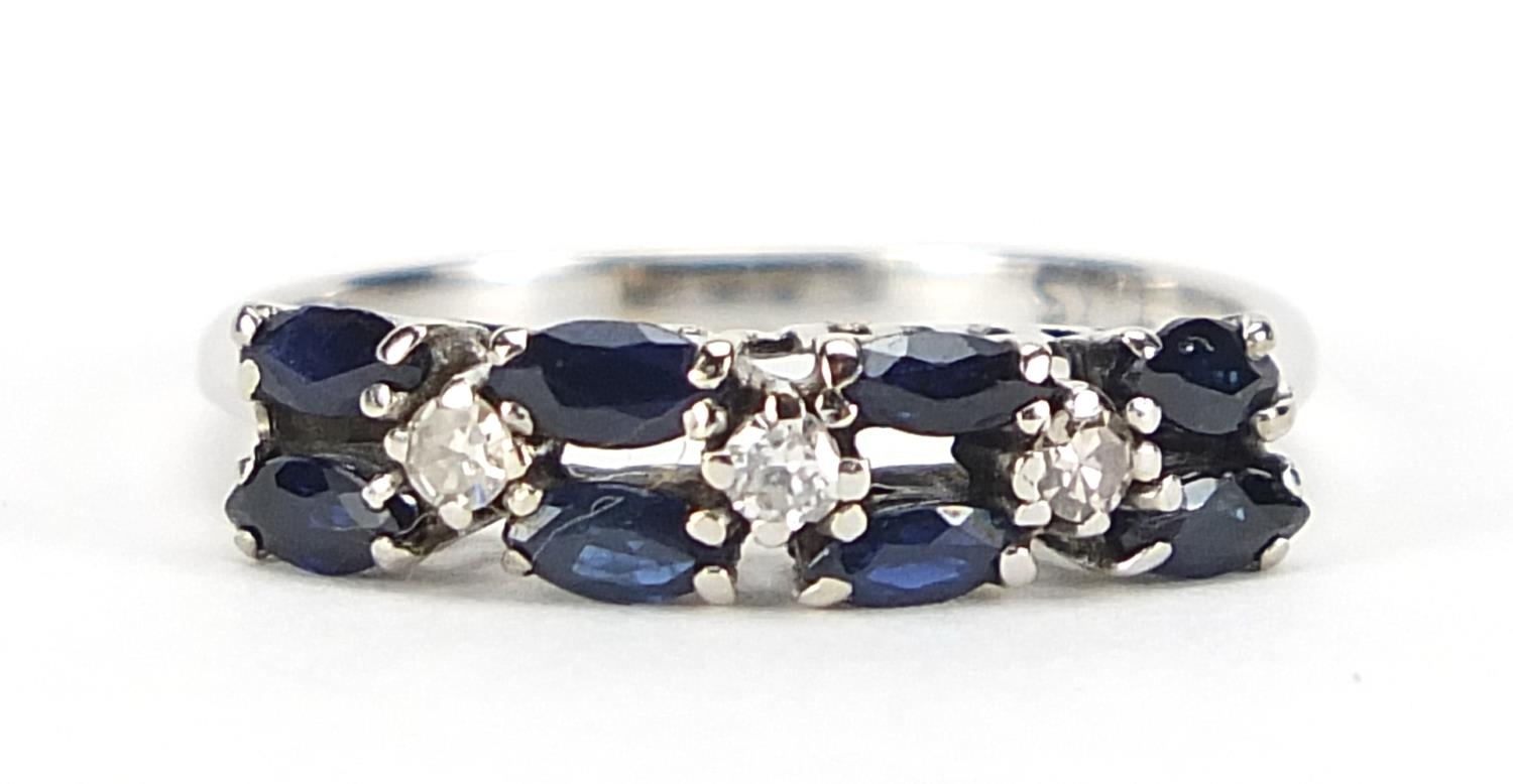 18ct white gold sapphire and diamond two row half eternity ring, size L, 2.1g :For Further Condition