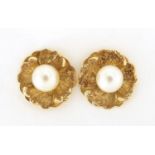 Pair of 9ct gold pearl stud earrings, 1.4cm in diameter, 2.7g :For Further Condition Reports