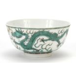 Chinese porcelain bowl hand painted in green and iron red with two dragons chasing a flaming pearl