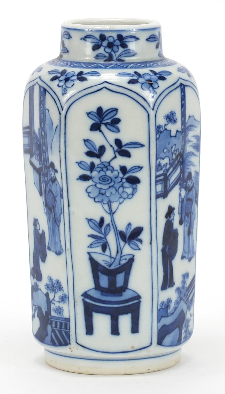 Chinese blue and white porcelain hexagonal vase hand painted with panels of figures and flowers, - Image 5 of 10