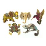 Five jewelled and enamel animal brooches comprising hummingbird, chameleon, frog and elephants,