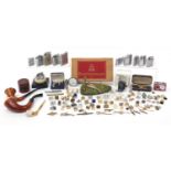 Objects including a Langdon Davies silver pocket watch, lighters, smoking pipes, cufflinks and