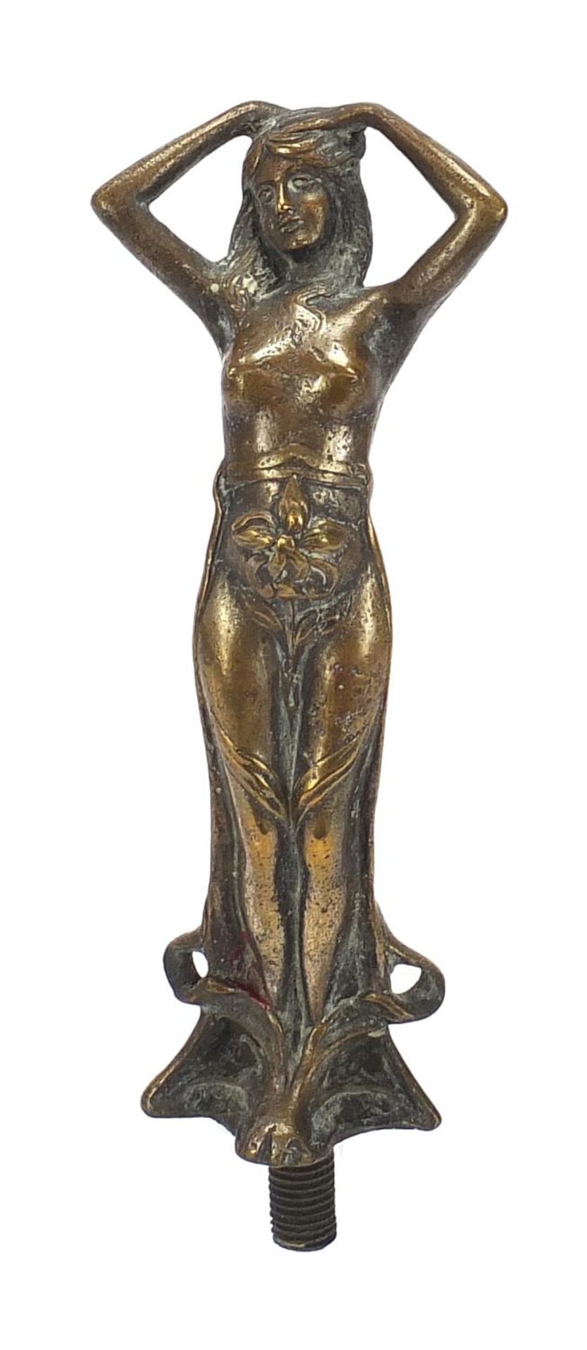 Art Nouveau bronze car mascot in the form of a semi nude female, 18cm high :For Further Condition