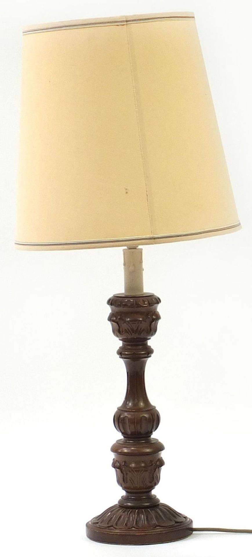 Carved mahogany table lamp with shade, 84cm high :For Further Condition Reports Please Visit Our
