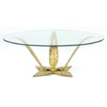 Vintage Hollywood Regency design gilt brass leaf design coffee table with oval glass top, 43cm H x