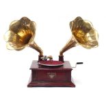Retro Victrola style gramophone with two brass horns, 65cm high :For Further Condition Reports