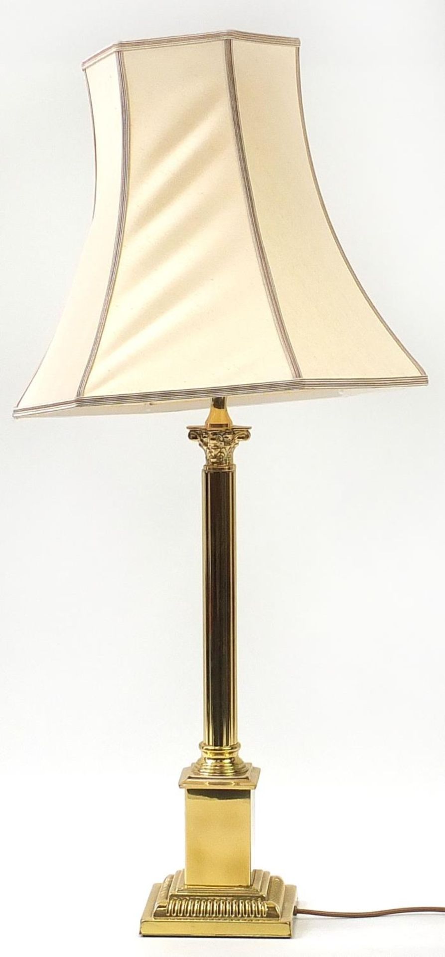 Brass Corinthian column table lamp with silk lined shade, 95cm high :For Further Condition Reports