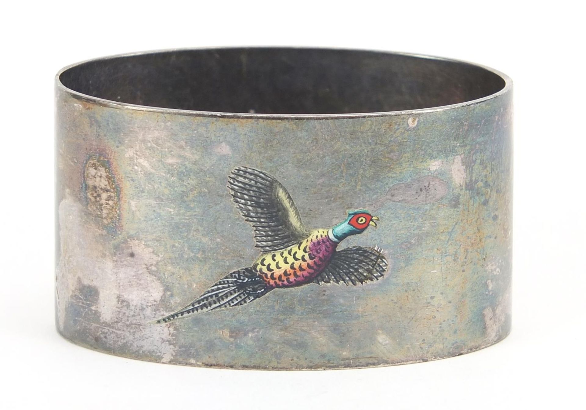 J B Chatterley & Sons Ltd, Elizabeth II silver and enamel napkin ring depicting a pheasant in