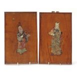 Pair of Chinese hardwood panels with carved soapstone inlay, each depicting an Elder and Emperor