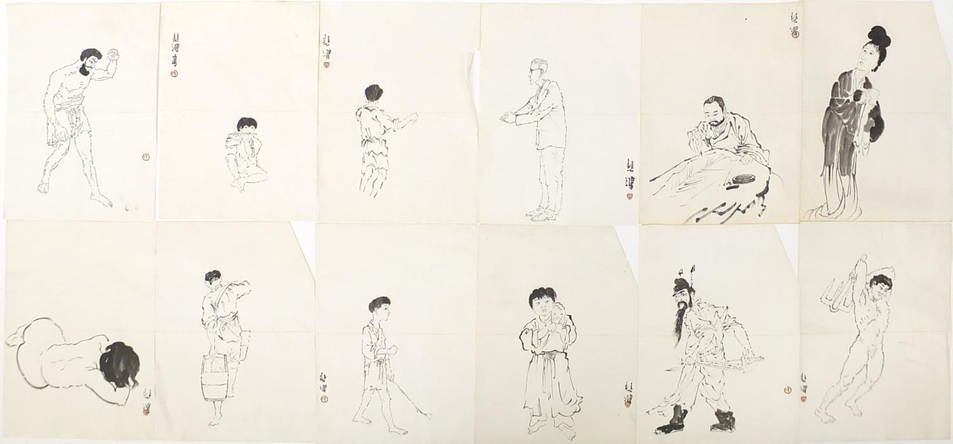 Attributed to Xu Beihong - Figural studies, collection of thirty two Chinese ink drawings, each 42. - Image 8 of 11