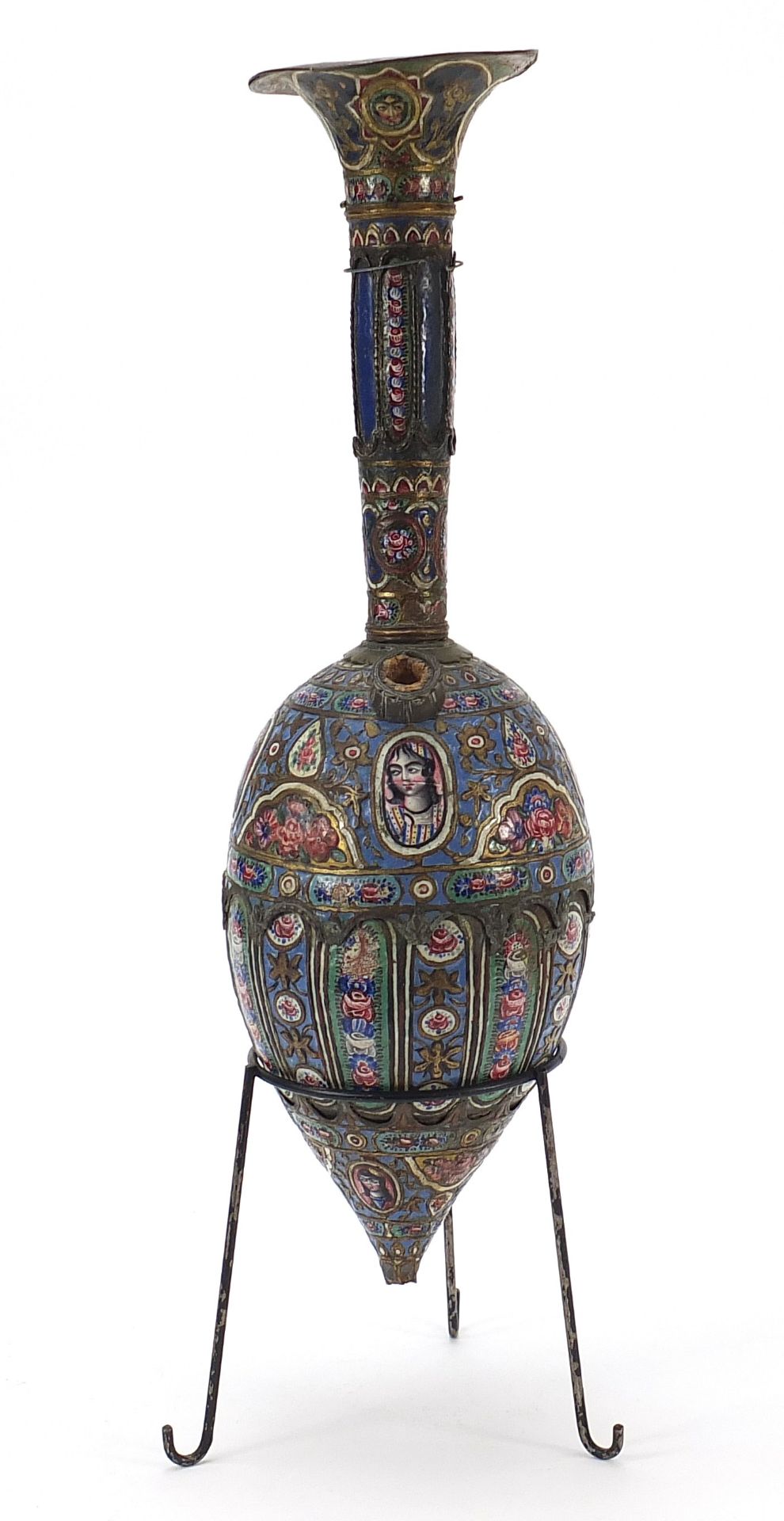 19th century Persian Qajar enamelled hookah on stand with mouthpiece and pear shaped reservoir, - Image 8 of 11