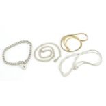 Silver jewellery comprising bracelet with love heart padlock, Belcher necklace and two flat weave
